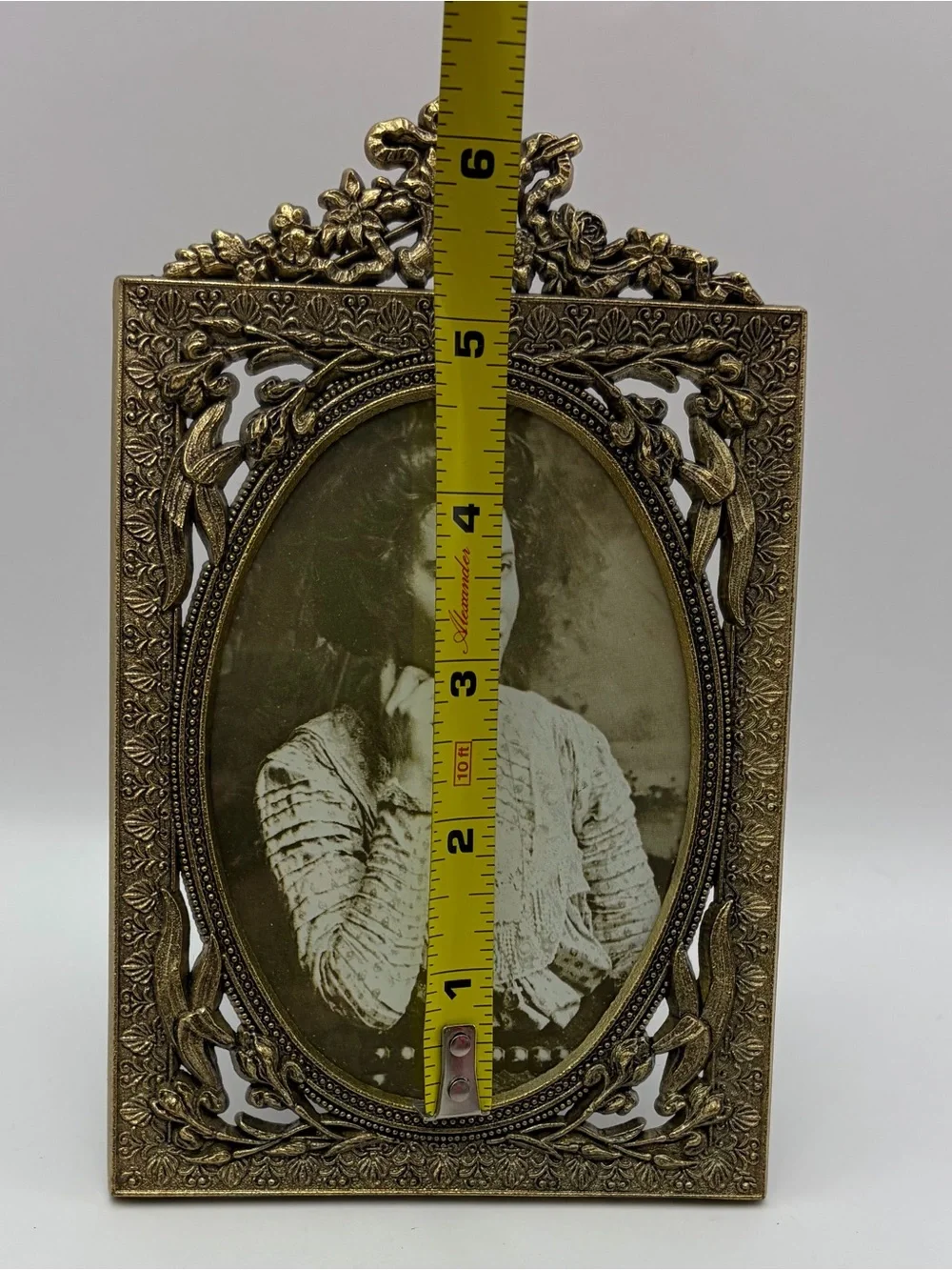Victorian Style Antique Brass Metal Photo Frame Ornate Flower & Ribbon Design